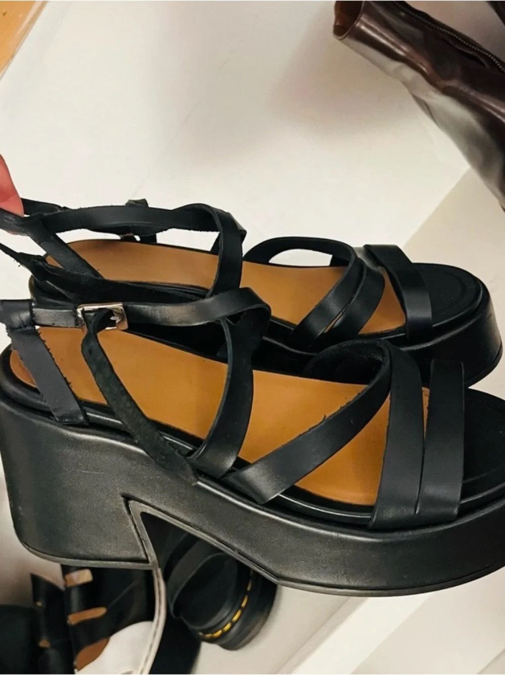 Ganni Black Leather Platform Strappy Sandals